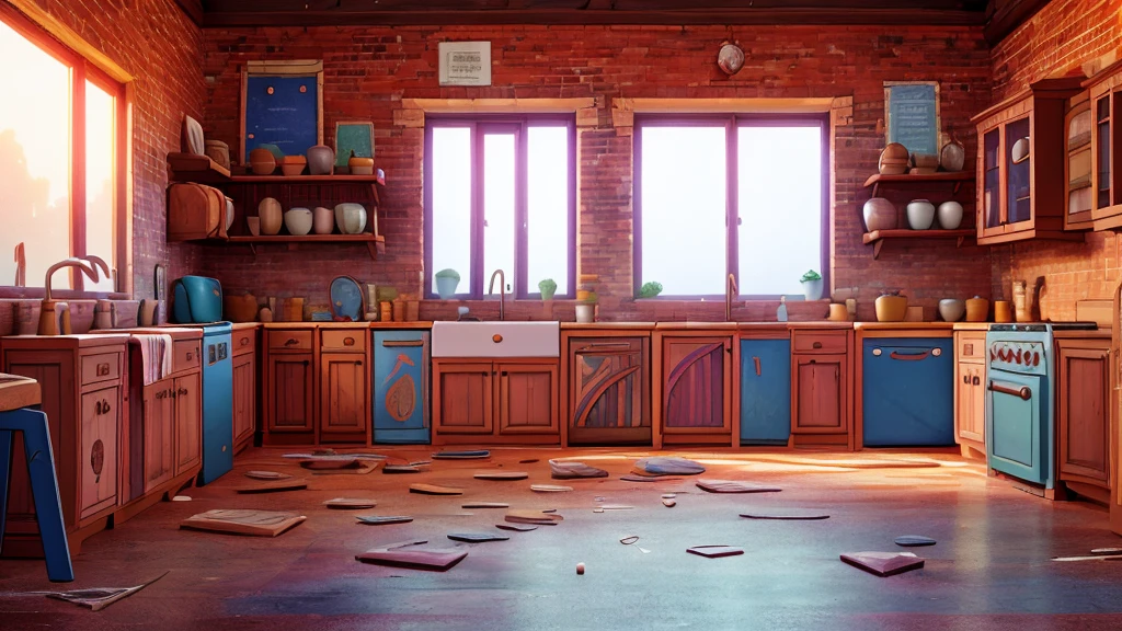 "A vibrant digital painting of an old kitchen, with exposed brick walls and a cracked wooden floor. The refrigerator, with its doors wide open, reveals rusty, empty shelves. Moonbeams stream through a broken window, illuminating the crumbs scattered across the floor. The shadows of trees cast on the wall create strange patterns, suggesting the presence of something hidden."