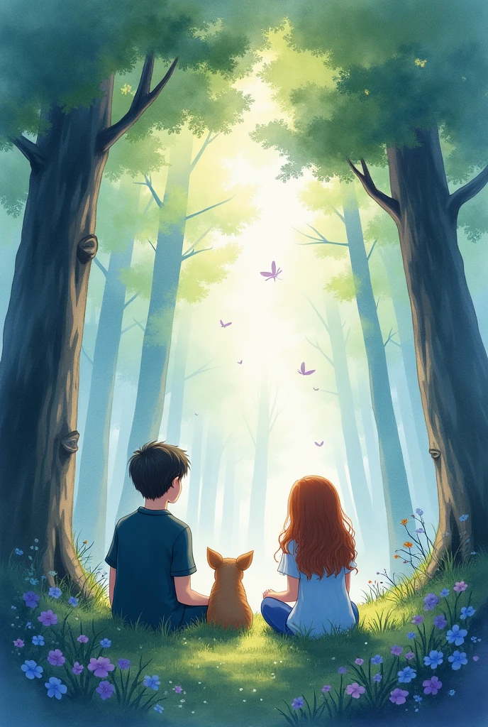 Illustration of Harry Potter Characters, painted in watercolor, with pastel tones, blue, rosado, lila, In the woods