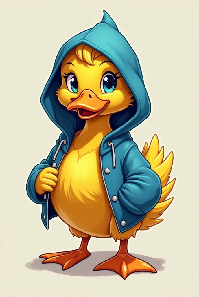 the duck has bright yellow plumage., but instead of its usual plumage, He is wearing a blue hooded jacket that suits him very well... The hood covers your head and neck., giving it a very cool and modern look. the duck'eyes shine with curiosity, and their wings are ready to unfold at any moment.