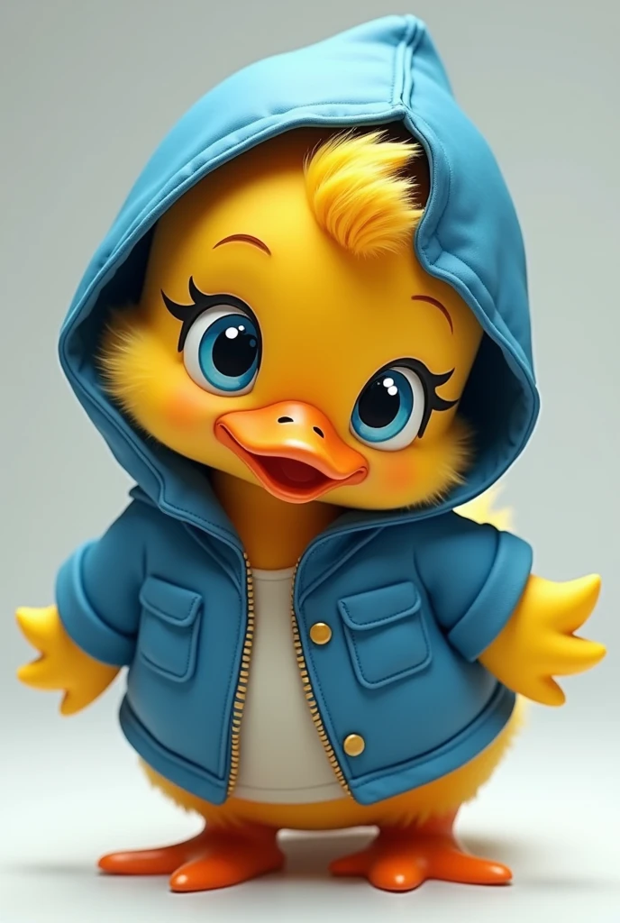 the duck has bright yellow plumage., but instead of its usual plumage, He is wearing a blue hooded jacket that suits him very well... The hood covers your head and neck., giving it a very cool and modern look. the duck&#39;eyes shine with curiosity, and their wings are ready to unfold at any moment.