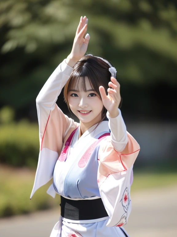 Photo-realistic quality、A 20-year-old woman wearing an Awa Odori dance costume is dancing., White kimono、White Arms、 Japanese Model, Traditional Japanese Kimono Japanese Bon Odori, looking at the camera、Detailed and beautiful eyes、Cute smile、A soft and gentle look、Catchlight in the eyes、Professional Lighting