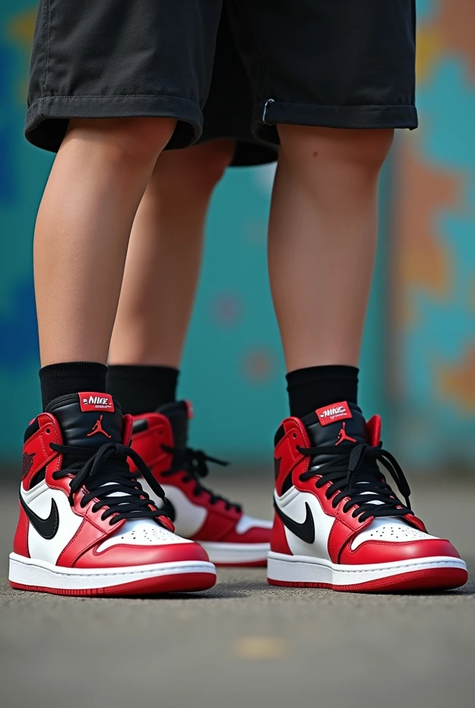 A young teenage boy and his friend, both wear nike jordans 1. The Jordans should be seen in the picture, be clearly recognizable and original. Both have their hair styled and the sides at zero. Both boys are German