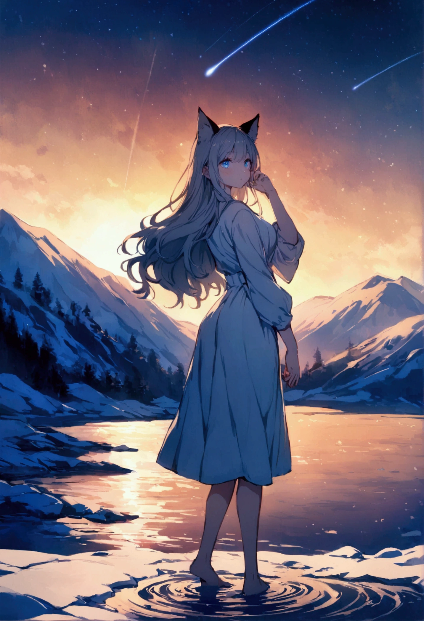woman, Calm expression, Captivating eyes, Blue Eyes, Wavy long hair, Grey Hair, Black cat ears, Kemomimi, loose fitting dress, Calm posture, Touching your ears with your hands, Porcelain-like skin, A faint blush, (Rim Light):1.2, Warm tones, Solar flare, Soft Shadows, Vibrant colors, Painterly effect, Very detailed, Official Art, 8k wallpaper
, Standing in the middle of the lake ,BREAK (Anatomically Modified), healthy thin legs, Look here, A distant view, Back view, Snow Mountain, Night Sky, shooting star