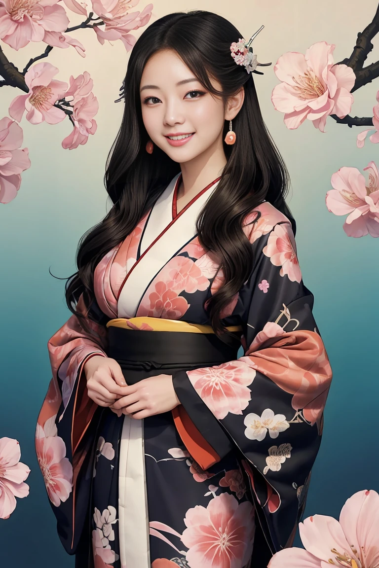 (SeaArt creates stunning illustrations of beautiful women in kimono)、Vividly colored Japanese Ukiyo-e style illustrations、A beautiful woman smiles and shows her upper white teeth、Brown-black long hair、Beautiful full body style、Let's dance a little Tokyo Ondo Yoiyoi、Beautiful new digital paintings,、Bright vibrant digital anime art、 Beautiful anime portraits、background、Torii gate of the Japan shrine、 Detailed digital anime art、
