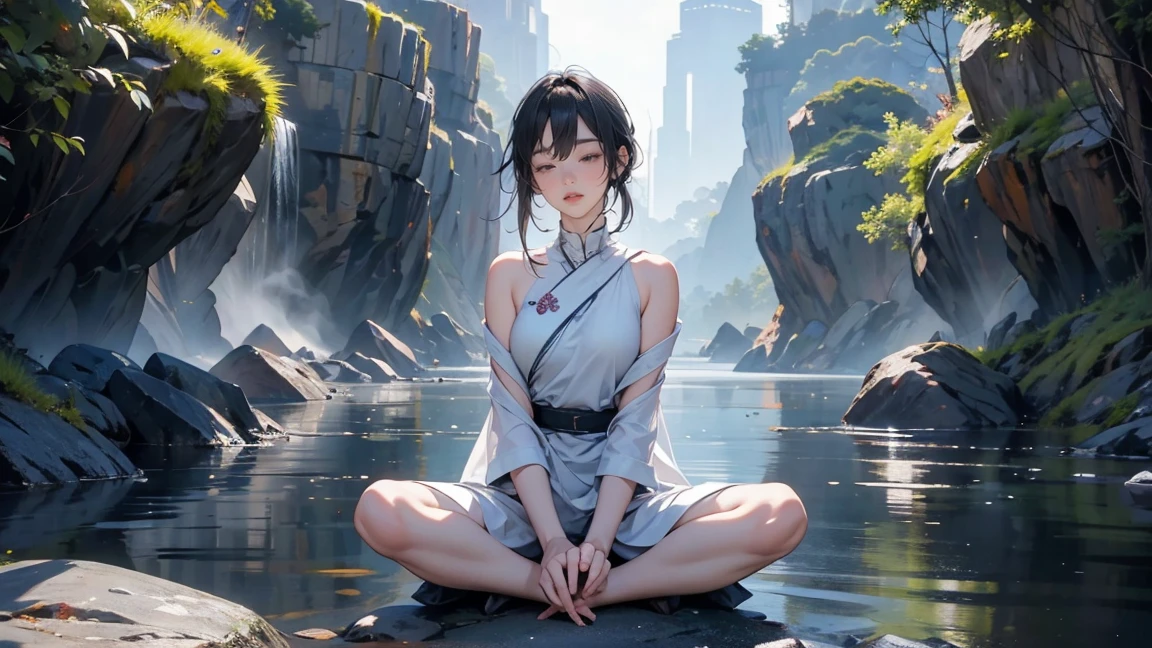 A person meditating or in a position of calm and serenity.