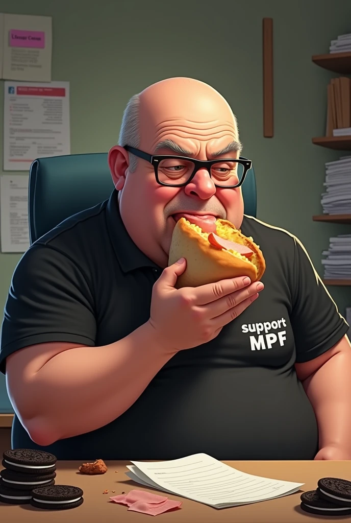 white male, aged 50, baldie, fatter, cheeky, wrinkled face, wearing glasses, eating baguette with ham, leaning against a cluttered computer desk, stacks of papers, Oreo crumbs and cookies. Wearing a black shirt with the phrase &#39;SUPPORT&#39; MPF