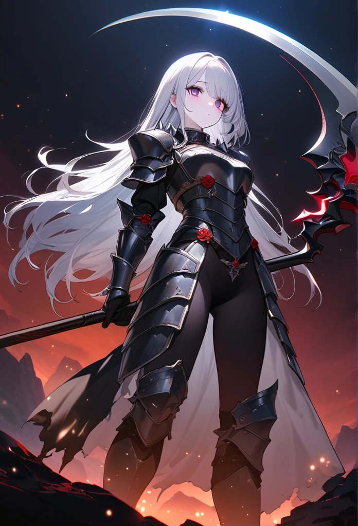 (One Woman),(Best image quality, 32K, masterpiece:1.3),((Silver long hair:1.1)),(Swept-apart bangs,Braiding), (Cute eyes, Dark Eyes), (Detailed eyes),(Mole under right eye), (Standard weight), (Glowing Skin:1.1),(Pale skin:1.2),(A fantastic atmosphere),(look up),Ultra-high resolution, Textured skin, Sparkle Effect, whole body,

dark Knight,Black plate armor with large spikes on the shoulders,Black Bone Helmet,There are two corners,Black tattered cloth,

Death Scythe,Scythe,

Red-black sky,Black desert,Standing posture,Don&#39;t show skin,Burning Desert,inflammation,