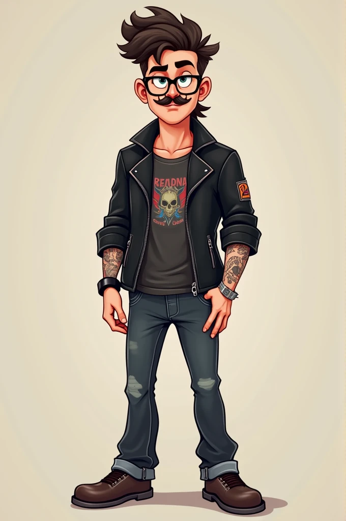 Create a full body image A cartoon style character (Just a show) for s The character is 20 years old Mustache Wears glasses Rocker Black clothes Tattooed