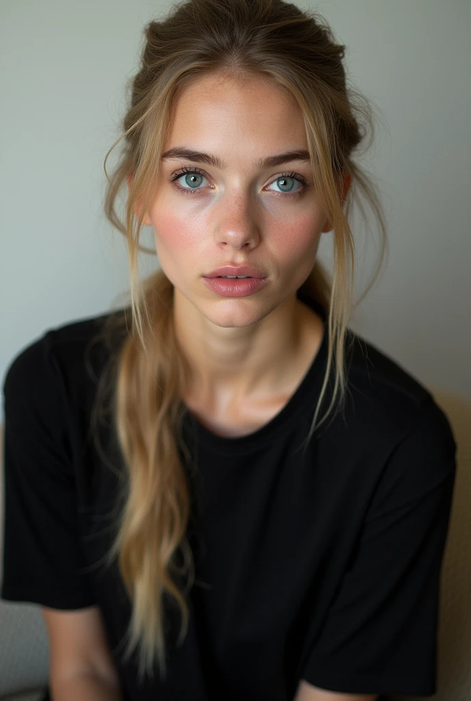 A long-haired blonde girl,hair tied,black eyebrows,pink lips ,Perfect eyes,That she is sitting,a black shirt2k,be real