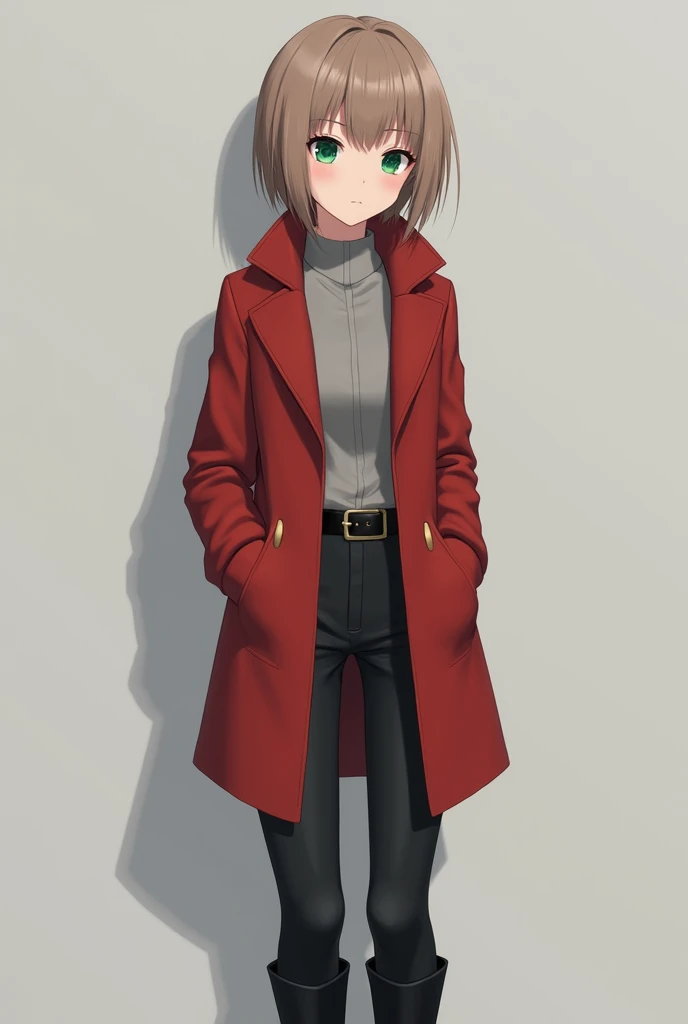 More mature anime style image. Gray background image. A teenager with short light brown hair, light green eyes, wore a gray blouse and a red overcoat on top, black pants with a belt on the side, matching black boots.
