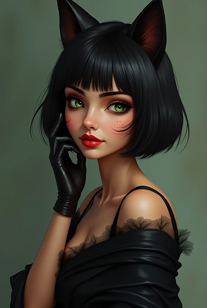 (An Indian woman with cat like bob cut hairstyle, having cat whiskers above her red cherry coloured lips, her eyes are green like a cat, wearing a black stylish saree which is matching her cat like personality with black gloves and high heels, she is having a meowish personality