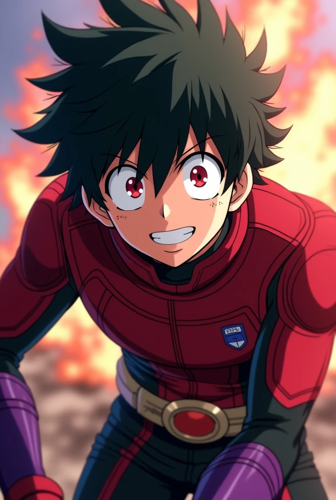 Screenshot of my hero academia.
Boy with short, somewhat messy dark brown hair and half of it with some red strands covering his face with some hair, His eyes are bright red with narrow pupils., He has a neutral yet cheerful expression and wears a red and black hero uniform with dark purple armor on his arms and legs.