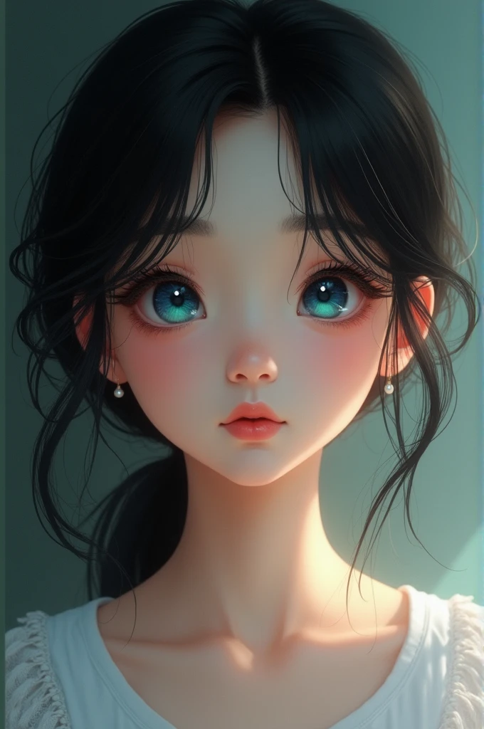 A young girl with black hair, light skin and blue eyes
