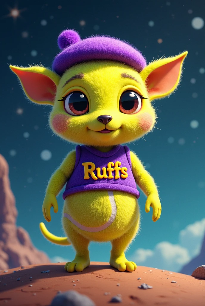 An alien made of a dog nanny and a tennis ball with a purple beret and a vest that says ruffs in space 