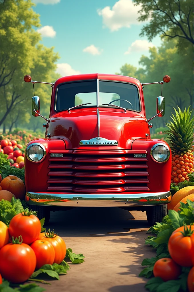 Fruits and vegetables in the background and a red truck in front 
