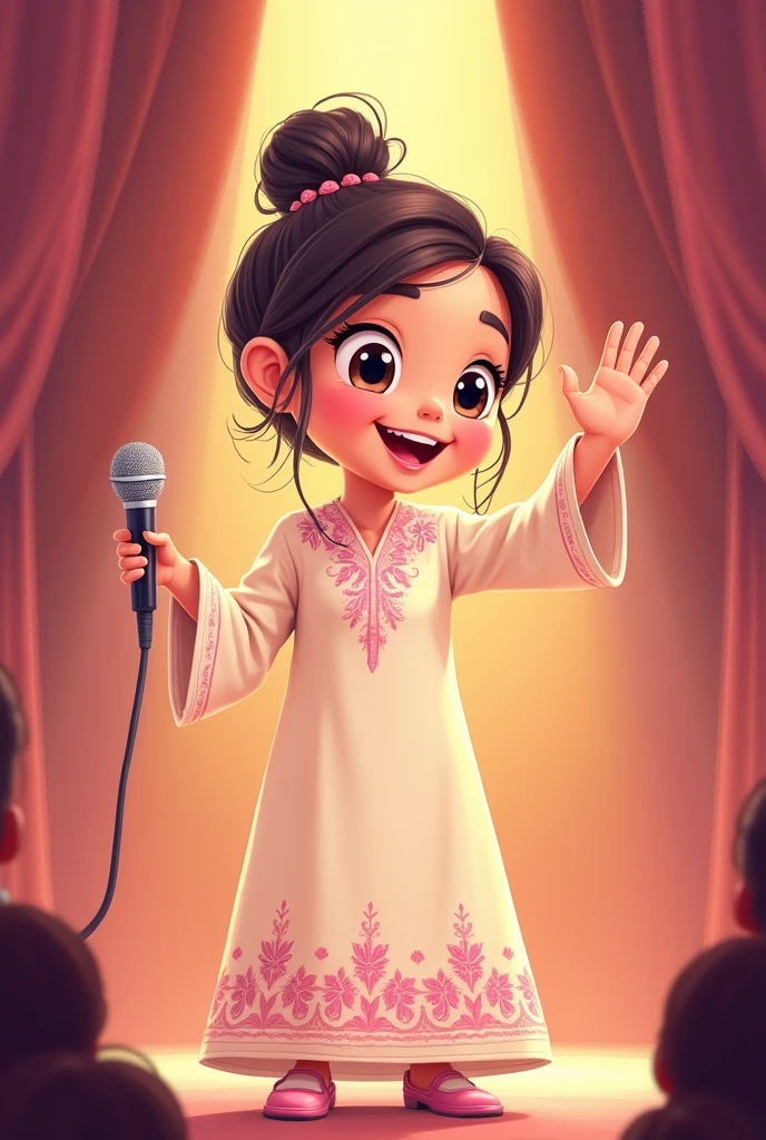 Lily, (highest quality, 4k, masterpiece:1.3), A young Pakistani Muslim girl wearing a traditional cream shalwar kameez with pink floral embroidery. Her hair is styled in a neat bun with loose strands framing her face, as seen in previous images. She waves to the audience with one hand, holding the microphone in the other, smiling broadly. The image is in a 2D animation style, with bright colors, cartoonish features, and soft, smooth shading. The background shows soft curtains, warm stage lighting, and a playful, joyful atmosphere. Clear outlines, simple textures, and an illustrated, digital painting look. (Cream shalwar kameez, pink floral embroidery, consistent outfit:1.3), (same hairstyle as before:1.3), (microphone in hand:1.3), (microphone always visible:1.3)