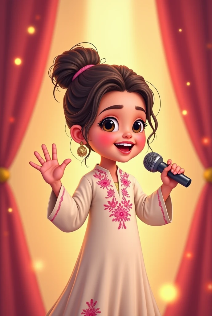 Lily, (highest quality, 4k, masterpiece:1.3), A young Pakistani Muslim girl wearing a traditional cream shalwar kameez with pink floral embroidery. Her hair is styled in a neat bun with loose strands framing her face, as seen in previous images. She waves to the audience with one hand, holding the microphone in the other, smiling broadly. The image is in a 2D animation style, with bright colors, cartoonish features, and soft, smooth shading. The background shows soft curtains, warm stage lighting, and a playful, joyful atmosphere. Clear outlines, simple textures, and an illustrated, digital painting look. (Cream shalwar kameez, pink floral embroidery, consistent outfit:1.3), (same hairstyle as before:1.3), (microphone in hand:1.3), (microphone always visible:1.3)