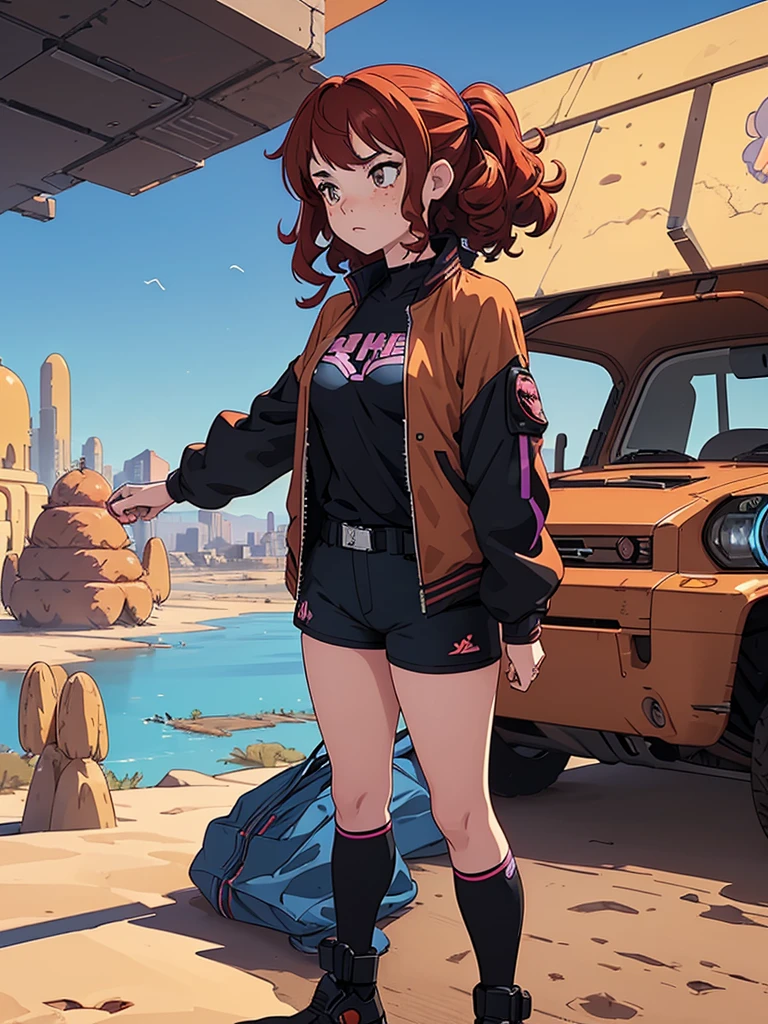 (masterpiece), (best quality), ((one girl)),alone, red hair,((brown eyes)),curly hair, anime style, freckles, (mall breast, (petite figure), blue and black cyberpunk jacket, shorts, legs, long T-shirt, ((desert background))