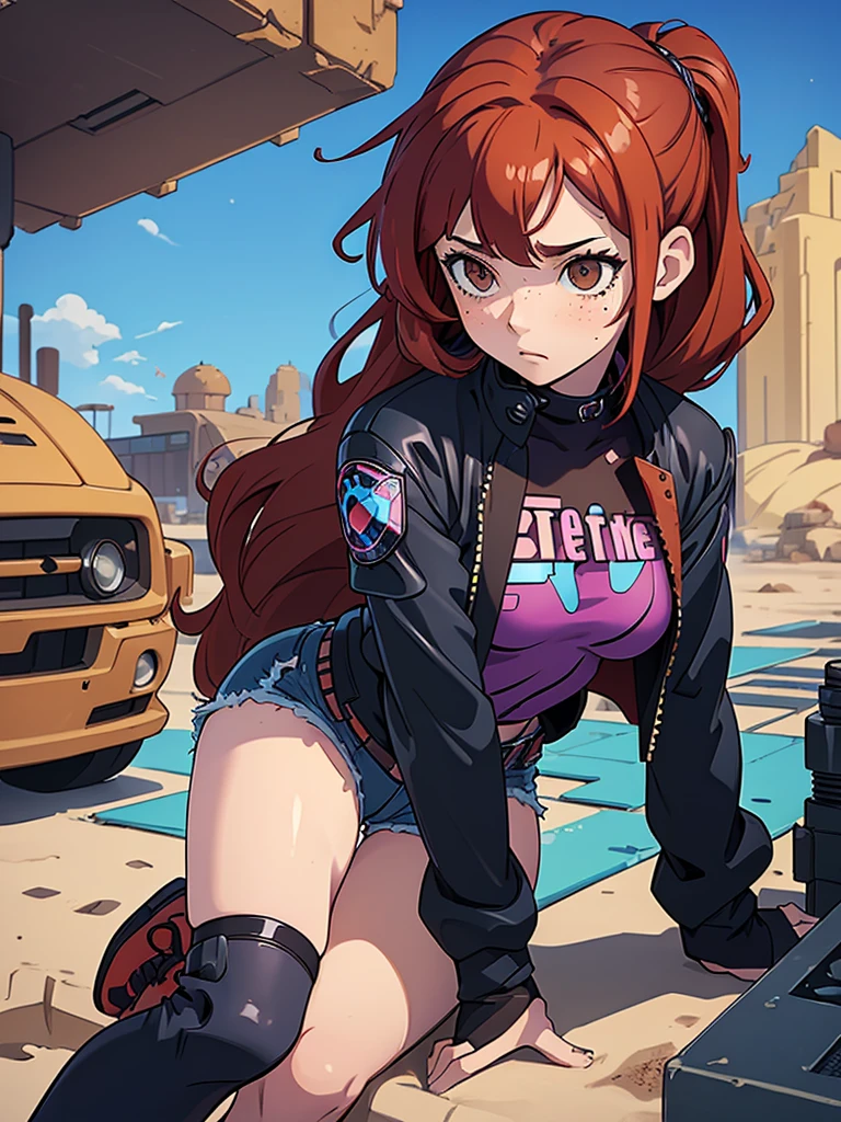 (masterpiece), (best quality), ((one girl)),alone, red hair,((brown eyes)),curly hair, anime style, freckles, (mall breast, (petite figure), blue and black cyberpunk jacket, shorts, legs, long T-shirt, ((desert background))