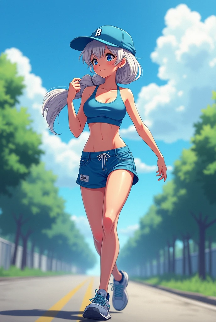 Frozen anime Elsa wears shorts pant. Sport bra. Walking on road. Wears blue cap backward.