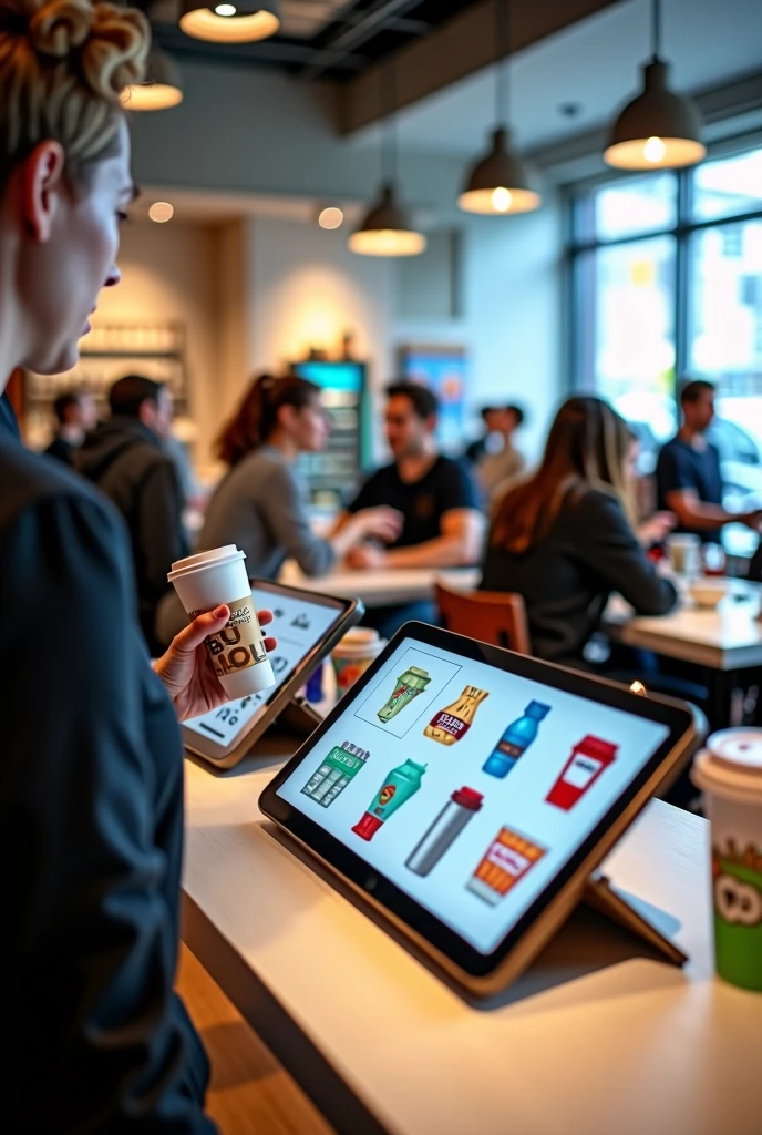 Cafeteria with interactive screens for personalizing thermoses and coffee cups