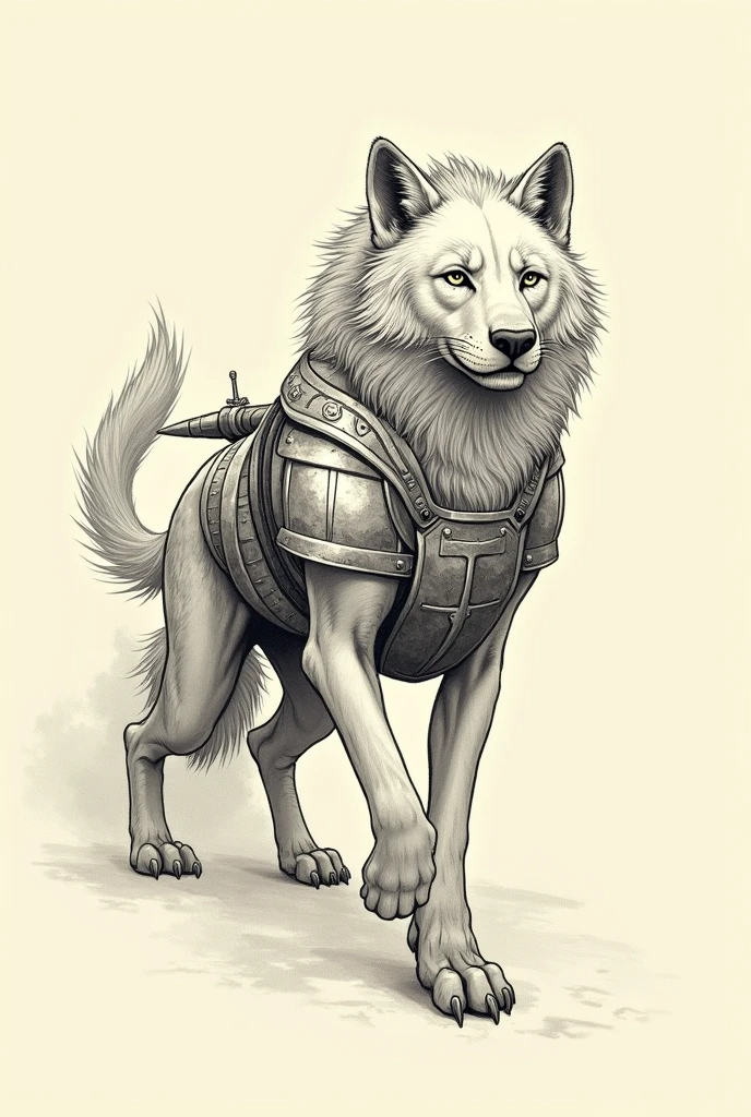 Guardian Animal Tattoo with Rudimentary Armor,ready to defend,offwhite,tatoo,wolf with lion&#39;s mane,humanoid body,head proportional to the body,Short snout,short and discreet weapon on the back,small mane, warrior, without syrup,Face with human features