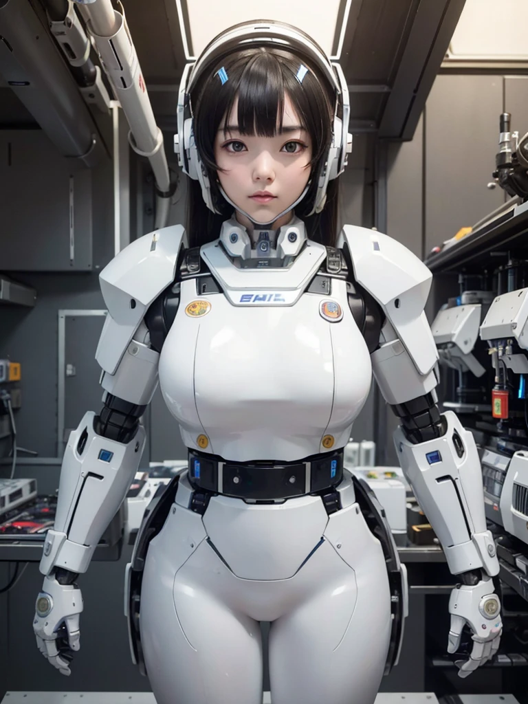 masterpiece, Highest quality, Very detailed, Japanese Android girl,Plump,Slightly thicker,Control panel,robot arms,robot,Android,cyborg,white robot body,Blunt bangs,robot repair plant,The spaceship's cockpit,Harness Belt,headset,Helmet