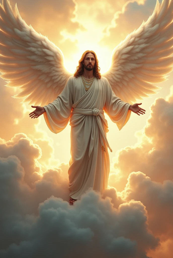 Jesus standing on the cloud with wings
