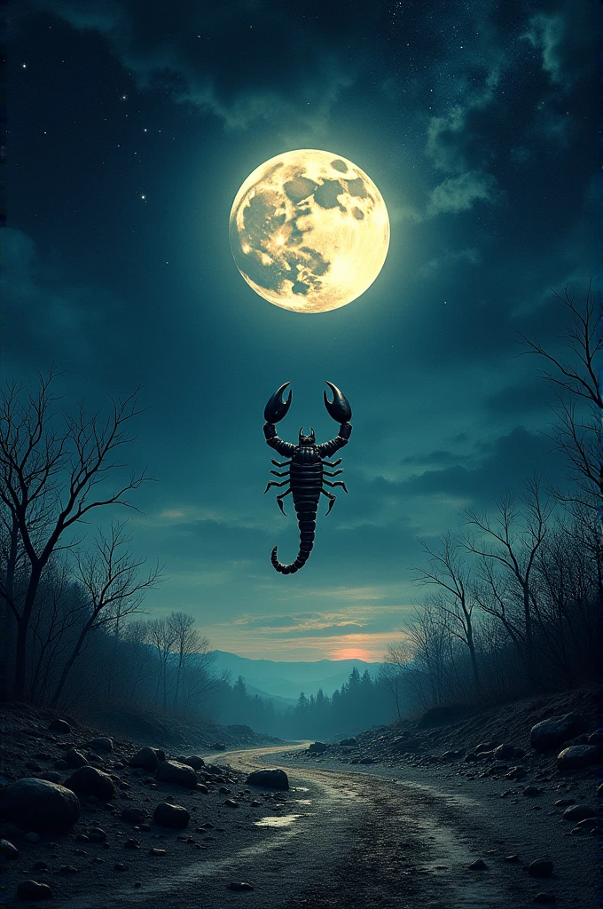 I need an image with the dimensions of a CD cover, tipo de musica death metal, name of the albul Only, I would like an image with a background in the vastness of the night sky, common moon and the constellation of scorpio, below a desolate landscape of the earth, with a gloomy air, dim the moon well, add some sinister trees and put more stars and just emphasize more scorpion.retire a lua