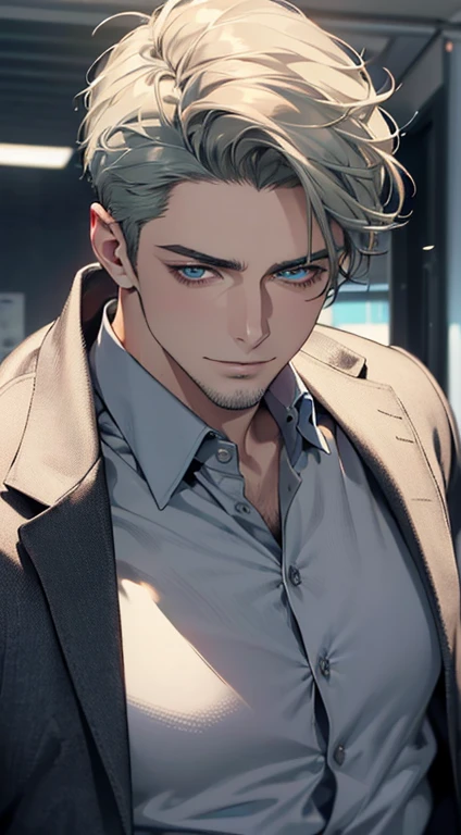 (best quality,4k,8k,highres,masterpiece:1.2),ultra-detailed,(realistic,photorealistic,photo-realistic:1.37),1 man,3,mature man,very handsome,without expression,smile,short grey green hair,blue eyes,penetrating gaze,perfect face without errors,imposing posture,businessman,office background,cinematic lighting,hdr image