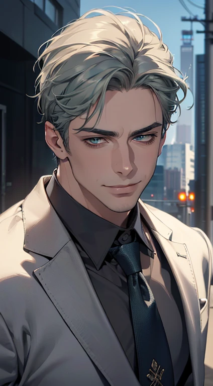 (best quality,4k,8k,highres,masterpiece:1.2),ultra-detailed,(realistic,photorealistic,photo-realistic:1.37),1 man,3,mature man,very handsome,without expression,smile,short grey green hair,blue eyes,penetrating gaze,perfect face without errors,imposing posture,businessman,office background,cinematic lighting,hdr image