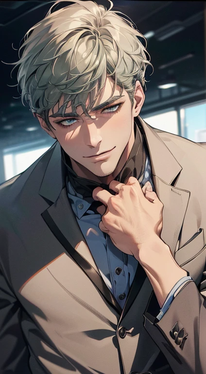 (best quality,4k,8k,highres,masterpiece:1.2),ultra-detailed,(realistic,photorealistic,photo-realistic:1.37),1 man,3,mature man,very handsome,without expression,smile,short grey green hair,blue eyes,penetrating gaze,perfect face without errors,imposing posture,businessman,office background,cinematic lighting,hdr image