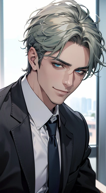 (best quality,4k,8k,highres,masterpiece:1.2),ultra-detailed,(realistic,photorealistic,photo-realistic:1.37),1 man,3,mature man,very handsome,without expression,smile,short grey green hair,blue eyes,penetrating gaze,perfect face without errors,imposing posture,businessman,office background,cinematic lighting,hdr image