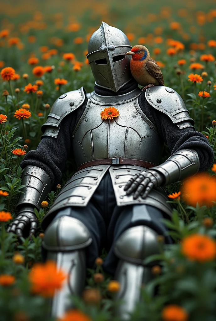 medieval warrior (minute details in the armor) with a helmet that covers his entire face, is leaning on a stone, dead, with an arrow piercing his chest, with a kiwi (the kiwi bird) on his chest in a field of flowers, full body image, show your feet (one is extended and the other is not)