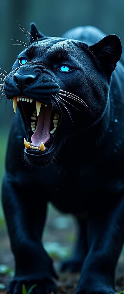 Black panther roaring with angry blue neon eyes face zoom dark night dark photo