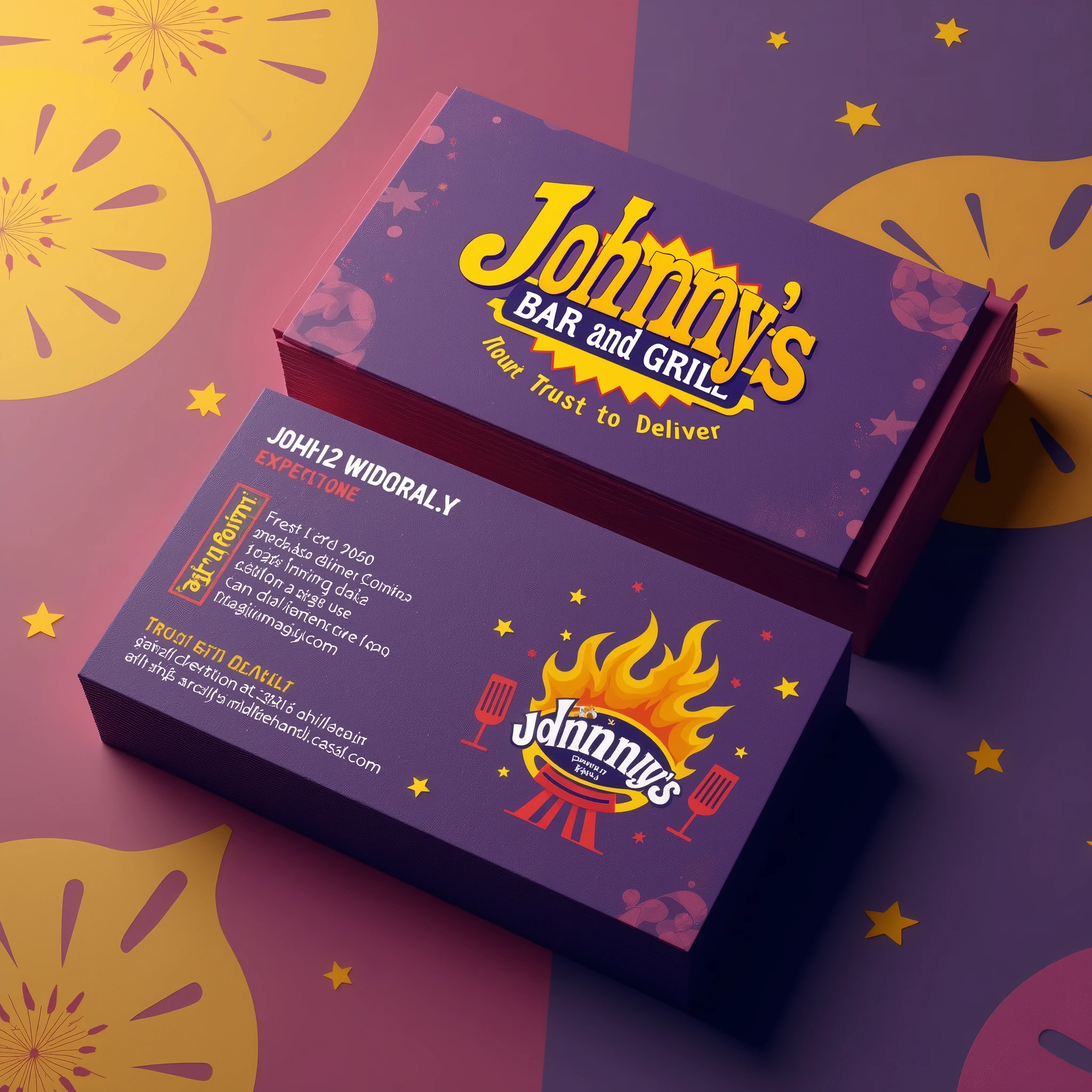Create a business card for "Johnny's Bar and Grill" with the slogan "Trust is to deliver." The design should reflect the warm and welcoming atmosphere of a bar and grill, using purple and lemon as the main colors. The logo could include elements like a grill, drink glasses, or a stylized flame, symbolizing the culinary experience. The overall design should be inviting and vibrant, appealing to customers looking for a great dining and social experience