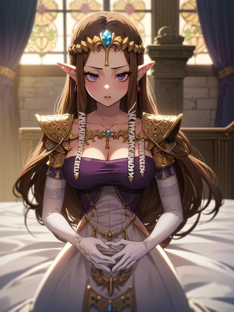 (((Extreme close up of face))),(((Shoulder Off))),(dissatisfaction),((((Squint your eyes)))))),((((とても美しいMature Woman)))),((alone)),((((Glossy Lips)))),Anime art style,masterpiece,(Highest quality), (Super detailed),(Very delicate and beautiful),(alone),(detailedな顔と目),Beautiful eyes like jewels,(A truly gorgeous jeweled ruffled rococo ball gown dress),(((Mature Woman,Queen))),((1 Queen in a beautiful embroidery and jeweled absolutely gorgeous rococo ballgown dress with voluminous full length hoop skirt)),((crinoline)),,((Straight hair galore,Very long straight hair with plenty of volume,Super long straight hair)),,Cleavage,(bed),length_gloves,Very gorgeous hair accessories,Sparkling、((((front)))),((((Adult Expressions)))),((((Beautiful Face)))),((((dress)))),(()),(((Long Hair)))),((((Straight hair)))),((Cleavage)),((((Dark brown hair)))),Princess Zelda,((chest is slightly exposed)), ((Highest quality)),,(Very detailed) ,((Purple Blouse)),((rubbing hair)),Brown Hair,((Embarrassed look)),, ((Highest quality)), (Very detailed),((detailed)),(((pray))),Nintendo, The Legend of Zelda),,((alone)), ((Highest quality)), (Very detailed), ,