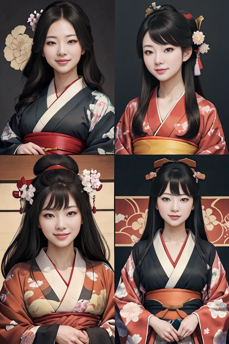 (SeaArt creates stunning illustrations of beautiful women in kimono)、Vividly colored Japanese Ukiyo-e style illustrations、A beautiful woman smiles and shows her upper white teeth、Brown-black long hair、Beautiful full body style、Let&#39;s dance a little Tokyo Ondo Yoiyoi、Beautiful new digital paintings,、Bright vibrant digital anime art、 Beautiful anime portraits、background、Torii gate of the Japan shrine、 Detailed digital anime art、
