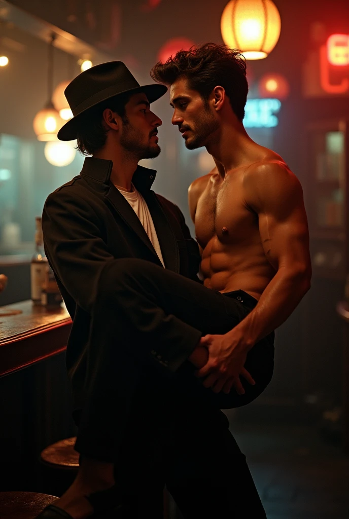 Young handsome white cute attractive man in a bar shirtless with a drink in his hand being lifted up on his arm by a friend with a black hat and black clothes carrying him to bed