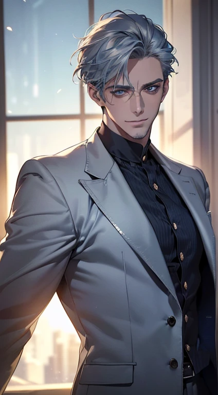 (best quality,4k,8k,highres,masterpiece:1.2),ultra-detailed,(realistic,photorealistic,photo-realistic:1.37),cinematic lighting,1:4 hdr image,a mature man, 2,very handsome,cold expression smile in love, short grey blue hair,blue eyes,flawless face,buttoning his jacket,CEO