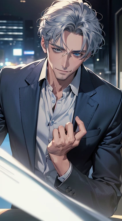 (best quality,4k,8k,highres,masterpiece:1.2),ultra-detailed,(realistic,photorealistic,photo-realistic:1.37),cinematic lighting,1:4 hdr image,a mature man, 2,very handsome,cold expression smile in love, short grey blue hair,blue eyes,flawless face,buttoning his jacket,CEO