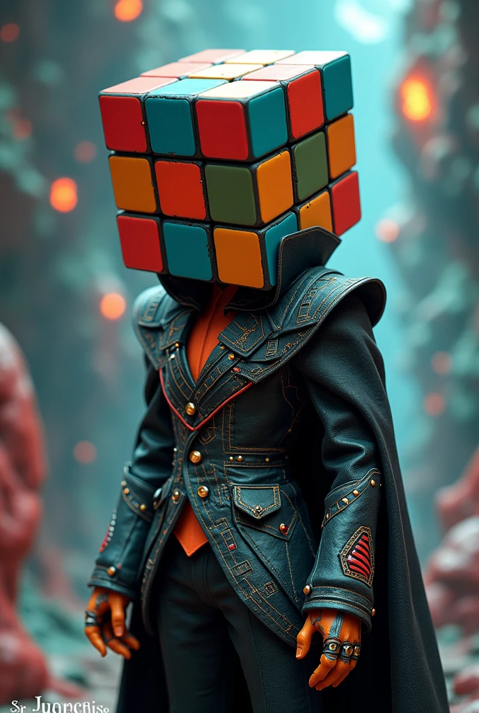 Create an animated villain with a Rubik's cube head, and with a strange but cool suit , It is the king of puzzles and it says below "SR JUANCHIS"