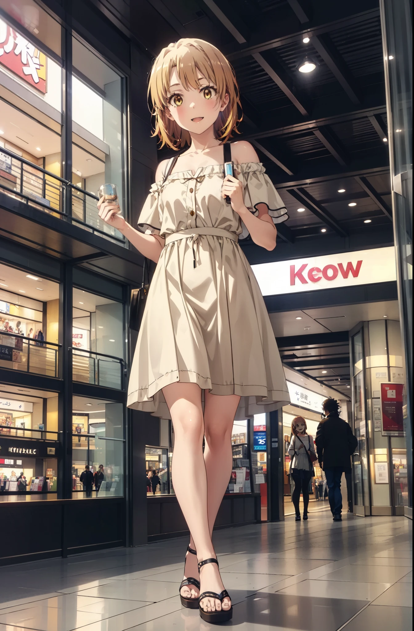 Irohaisshiki, isshiki iroha, short hair, Brown Hair, (Brown eyes:1.5), smile,Open your mouth,smile,Off-the-shoulder yellow dress,mini skirt,Cute heeled sandals,Walking,whole bodyがイラストに入るように,
break indoors,Shopping mall,
break looking at viewer,whole body,
break (masterpiece:1.2), Highest quality, High resolution, unity 8k wallpaper, (figure:0.8), (Beautiful attention to detail:1.6), Highly detailed face, Perfect lighting, Highly detailed CG, (Perfect hands, Perfect Anatomy),