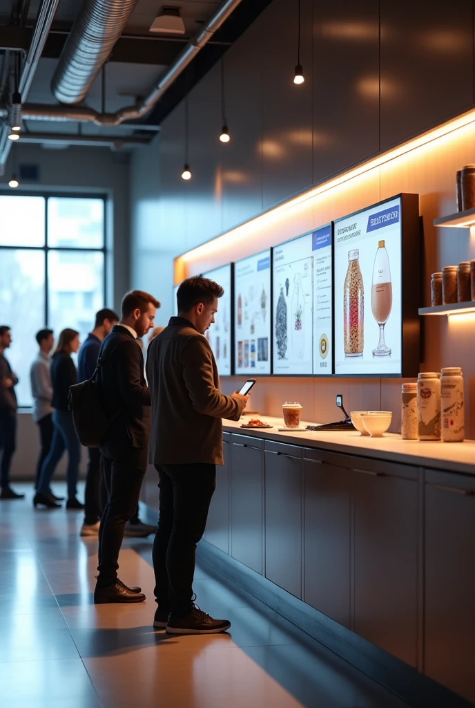 Cafeteria with interactive screens attached to the wall for personalizing thermoses and coffee cups