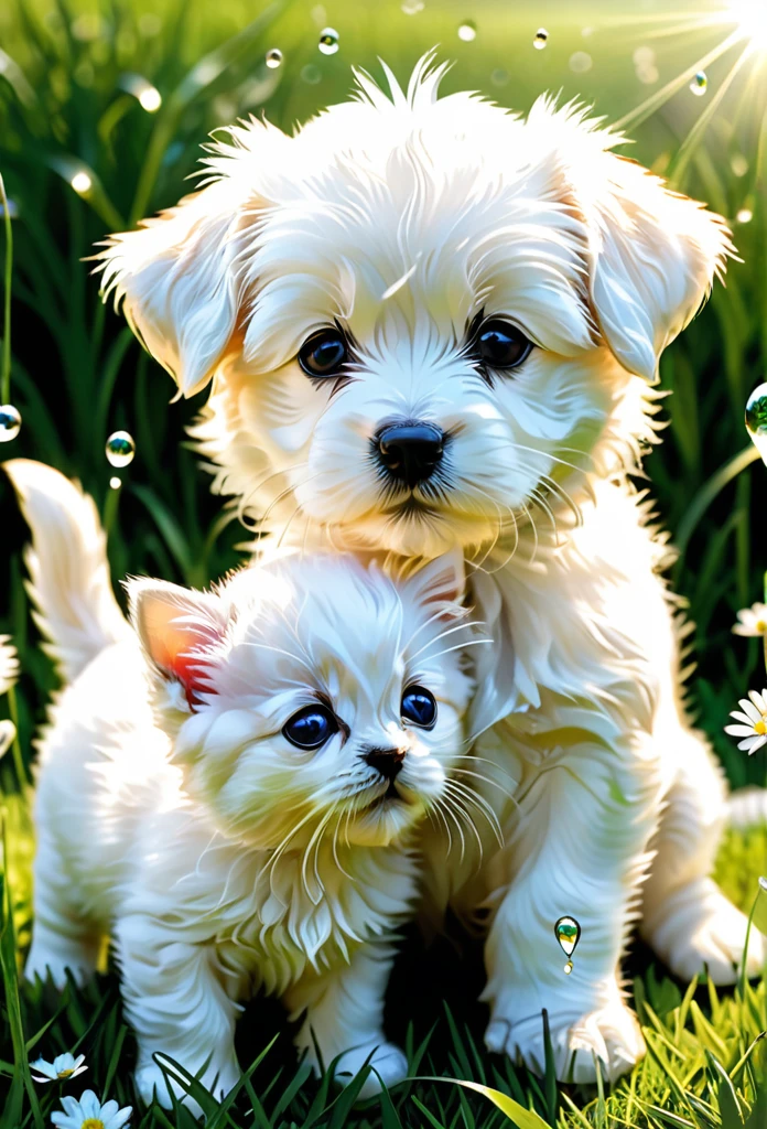 Top quality, surreal stock photo, masterpiece, high resolution, detailed expression, clear silhouette, realistic three-dimensional texture, bright theme, happy, natural sunlight, dense transparent water droplets on the lens, ((1 Maltese puppy and 1 kitten, friendship )), outdoors, grass, grass, white wildflowers,