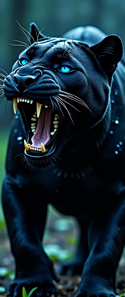 Black panther roaring with angry blue neon eyes face zoom dark night dark photo