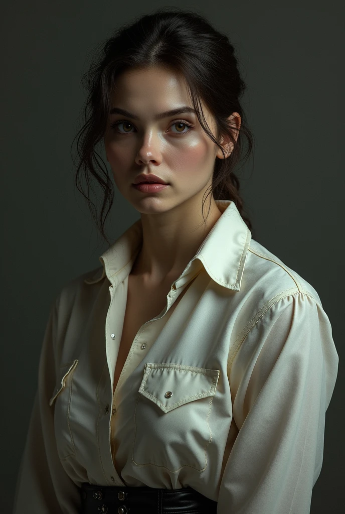16 year old, European, brunette, big eyes, button-down shirt, small breasts, see through nipples, denim leggings with suspenders, ray tracing, HDR