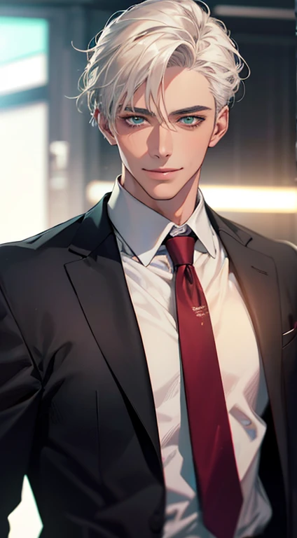 (Highest quality,4K,8K,High resolution,masterpiece:1.2),Super detailed,(Realistic,photoRealistic,photo-Realistic:1.37),1 personld,Mature Men,Beautiful skin、very handsome,Expressionless smile in love,Short white hair,green eyes,Sharp Eyes,A perfect face without a doubt,Businessman, CEO, Office Background,Cinema Lighting,HDR image,tie、