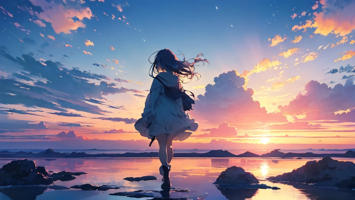 ((Uyuni salt lake、四方八方に広がる青い空とsummerの雲を反映しています. A girl walks in the middle of it, Surrounded by the blue of the sky and the white of the clouds, Create stunningly beautiful scenes.)), he (sunset:1.3),((Anime girl walking on water)), (((that's so big you can see the view)),(Perfect Anatomy:1.2),((Perfect hands:1.2)), (highest quality:1.1), ((One Girl)), From above、Dutch Angle、Very wide shot、(((Toru Asakura:1.37, alone))), (((barefoot))), ))), (((Snow-white summer dresses))), (((Shortcuts))), (((Blue Hair、Earrings、Gradient Hair、Multi-coloured hair、Parted bangs、Purple Hair、A white summer dress with lots of embroidered lace, Sleeveless))), (Beautiful Face, Cute Face, Detailed face), (((Beautiful green eye detail))),NFSW,((masterpiece)), highest quality, アニメアート壁紙 8k, ripple, Dawn Background, ((Consciousness upward, Concept Art, And soul, Key Visual)),Sparkling eyes, Happy, Reaching out ,hand in front,Floating Hair, Shiny Hair,Outdoor, Wind,Sparkling eyes, Sexy Body, NFSW,((masterpiece)), highest quality, アニメアート壁紙 8k,summer、新海誠のConcept Art、tumbler、magical realism、Beautiful Animeシーン、Beautiful sky。By Shinkai Makoto、((By Shinkai Makoto))、Anime Background Art、Anime Background、Makoto Shinkai'style、Anime movie background、Galaxy Express、(((Vast views))),Highly detailed CG synthesis 8k wallpaper, very fine 8kCG wallpaper, アニメ萌えアートstyle, Cute anime visuals, アニメWindのポートレート, アニメWindに, Beautiful Anime, 8k Anime Art Style, アニメWind、8k animation with detailed drawings, (masterpiece, highest quality), High resolution, Very detailed, Ultra Sharp, Cinema Lighting, High resolution, 超High resolution, 8k、Glowing Eyes, Auspicious々lips, blue sky、Transparency、Open your arms, Are standing , Raise one leg, Rear view, Show Viewer