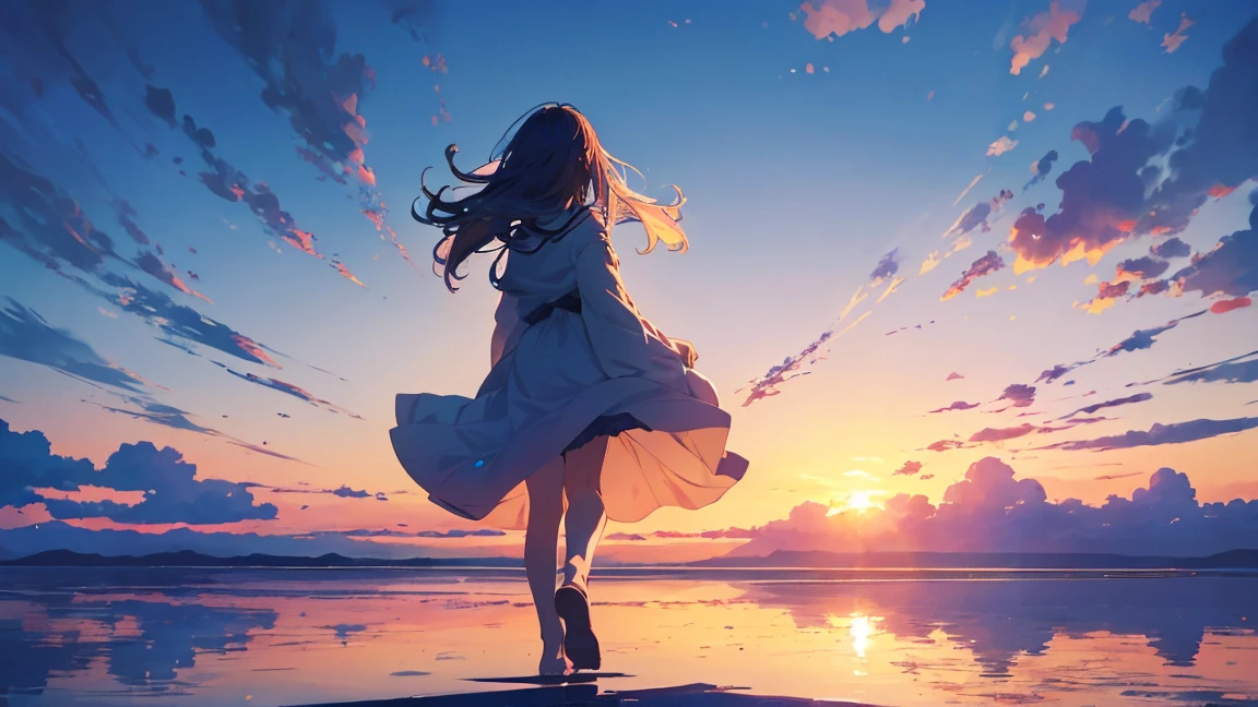 ((Uyuni salt lake、四方八方に広がる青い空とsummerの雲を反映しています. A girl walks in the middle of it, Surrounded by the blue of the sky and the white of the clouds, Create stunningly beautiful scenes.)), he (sunset:1.3),((Anime girl walking on water)), (((that's so big you can see the view)),(Perfect Anatomy:1.2),((Perfect hands:1.2)), (highest quality:1.1), ((One Girl)), From above、Dutch Angle、Very wide shot、(((Toru Asakura:1.37, alone))), (((barefoot))), ))), (((Snow-white summer dresses))), (((Shortcuts))), (((Blue Hair、Earrings、Gradient Hair、Multi-coloured hair、Parted bangs、Purple Hair、A white summer dress with lots of embroidered lace, Sleeveless))), (Beautiful Face, Cute Face, Detailed face), (((Beautiful green eye detail))),NFSW,((masterpiece)), highest quality, アニメアート壁紙 8k, ripple, Dawn Background, ((Consciousness upward, Concept Art, And soul, Key Visual)),Sparkling eyes, Happy, Reaching out ,hand in front,Floating Hair, Shiny Hair,Outdoor, Wind,Sparkling eyes, Sexy Body, NFSW,((masterpiece)), highest quality, アニメアート壁紙 8k,summer、新海誠のConcept Art、tumbler、magical realism、Beautiful Animeシーン、Beautiful sky。By Shinkai Makoto、((By Shinkai Makoto))、Anime Background Art、Anime Background、Makoto Shinkai'style、Anime movie background、Galaxy Express、(((Vast views))),Highly detailed CG synthesis 8k wallpaper, very fine 8kCG wallpaper, アニメ萌えアートstyle, Cute anime visuals, アニメWindのポートレート, アニメWindに, Beautiful Anime, 8k Anime Art Style, アニメWind、8k animation with detailed drawings, (masterpiece, highest quality), High resolution, Very detailed, Ultra Sharp, Cinema Lighting, High resolution, 超High resolution, 8k、Glowing Eyes, Auspicious々lips, blue sky、Transparency、Open your arms, Are standing , Raise one leg, Rear view, Show Viewer
